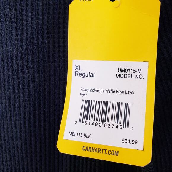 NWT CARHARTT Men's XL Regular FORCE Midweight Waffle Base Layer Pant Black - Picture 5 of 10